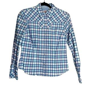 Roper Long Sleeve Snap Button Blue, Pink & White Plaid Western Cowgirl Shirt-S